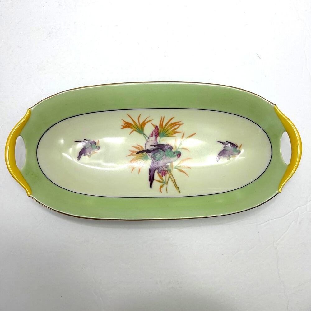 Antique 1920's Moschendorf Bavaria‎ Green Yellow Birds Platter/Celery Dish